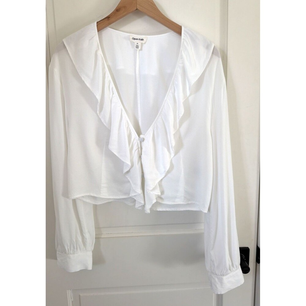 Ren Faire Edwardian Cosplay Ruffle White Long Sleeve Crop Blouse M Deep V Neck